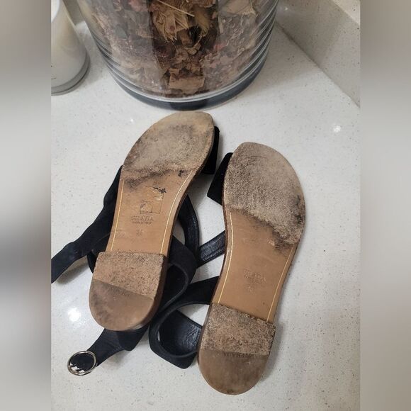 PRADA Suede Ankle Wrap T-Strap Sandals Womens Black 36 Flat Gladiator Strappy - Picture 4 of 7